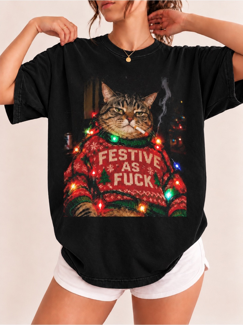 Funny Christmas Smoking Cat Comfort Colors Unisex T-shirt Holiday Tee